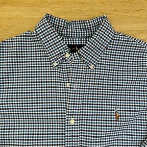 RALPH LAUREN Mens X-Large Button Down Shirt Blue Gingham Plaid Long Sleeve